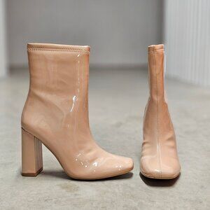 Nude Patent Leather Block Heel Ankle Boots With Side Zipper Closure For Women